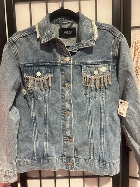 AKIRA Light Blue Distressed Denim Jacket with Beaded Fringe
